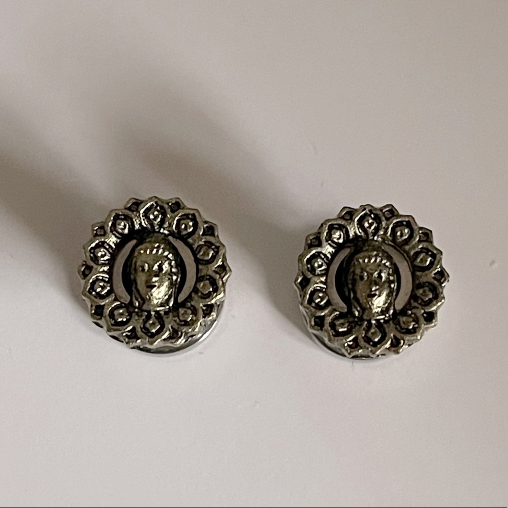 Silver tone surgical steel and gold tone Buddha and lotus 2g tunnels